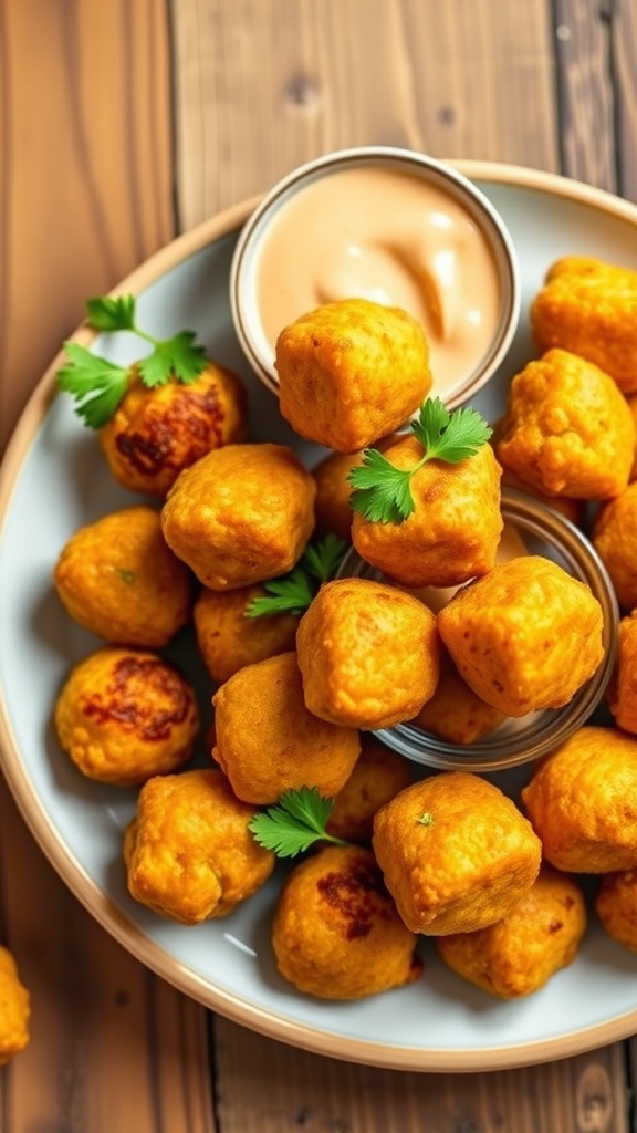 Golden vegan chickpea snack bites on a plate with dipping sauce, garnished with parsley.